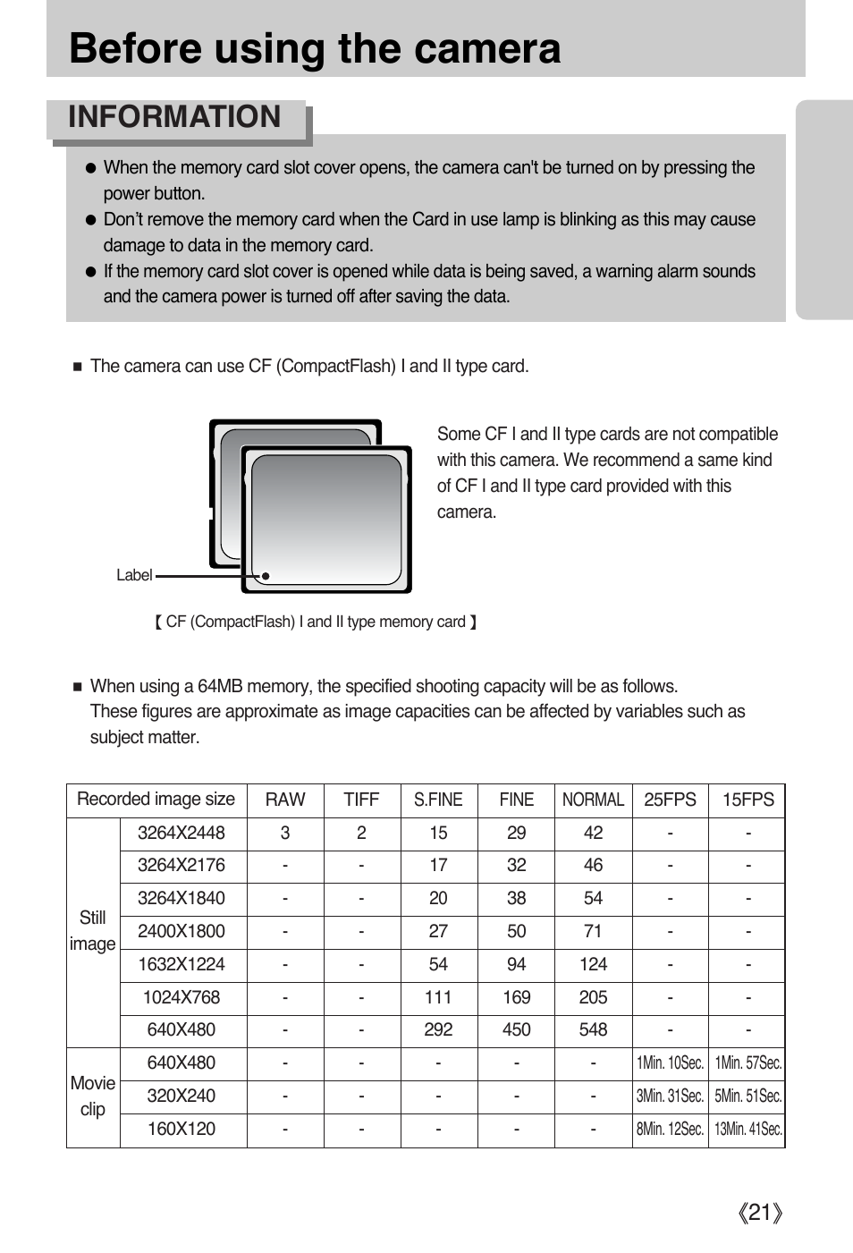 Before using the camera, Information, Ŝ21ş | Samsung EC-PR815BBA-US User Manual | Page 21 / 164