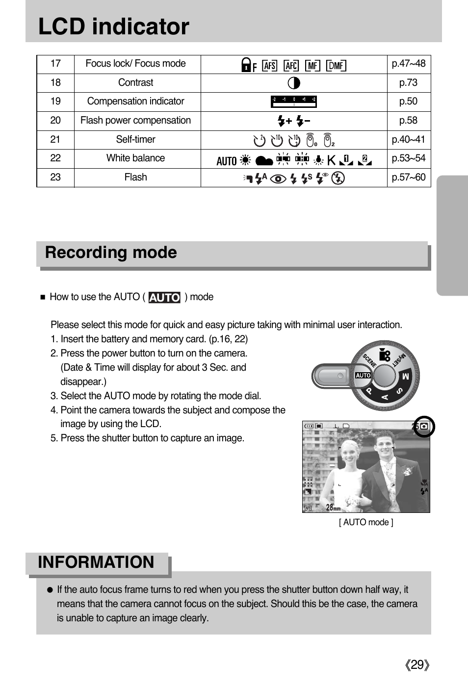 Lcd indicator, Recording mode, Information | Samsung EC-PR815BBA-US User Manual | Page 29 / 164