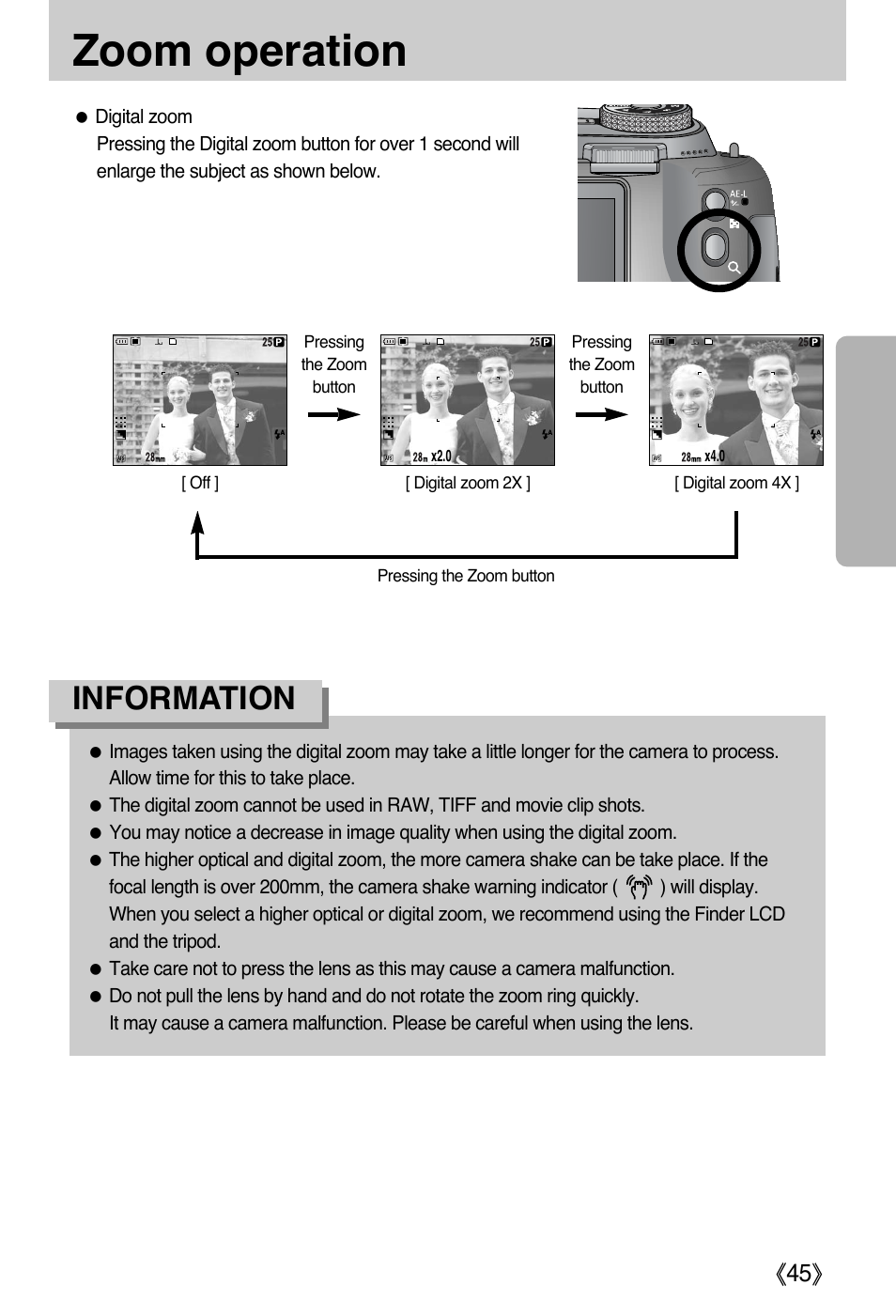 Zoom operation, Information, Ŝ45ş | Samsung EC-PR815BBA-US User Manual | Page 45 / 164