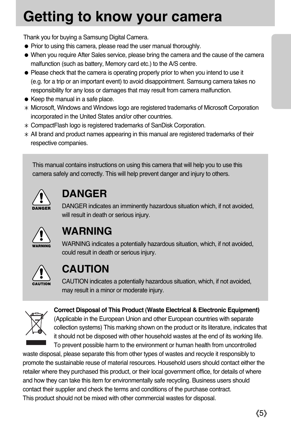 Getting to know your camera, Danger, Warning | Caution | Samsung EC-PR815BBA-US User Manual | Page 5 / 164