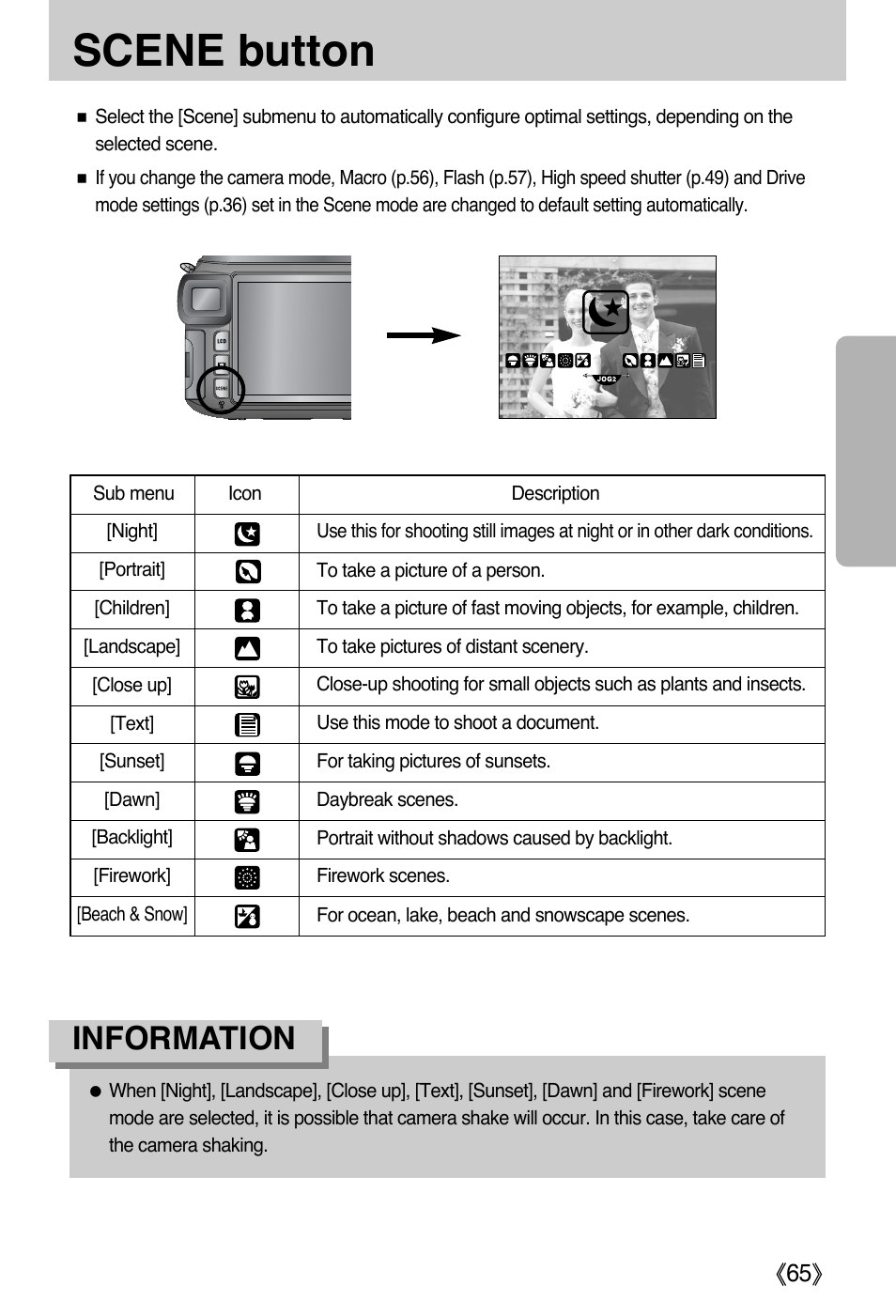 Scene button, Information, Ŝ65ş | Samsung EC-PR815BBA-US User Manual | Page 65 / 164