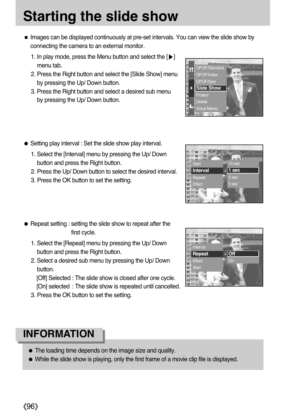 Starting the slide show, Information, Ŝ96ş | Samsung EC-PR815BBA-US User Manual | Page 96 / 164