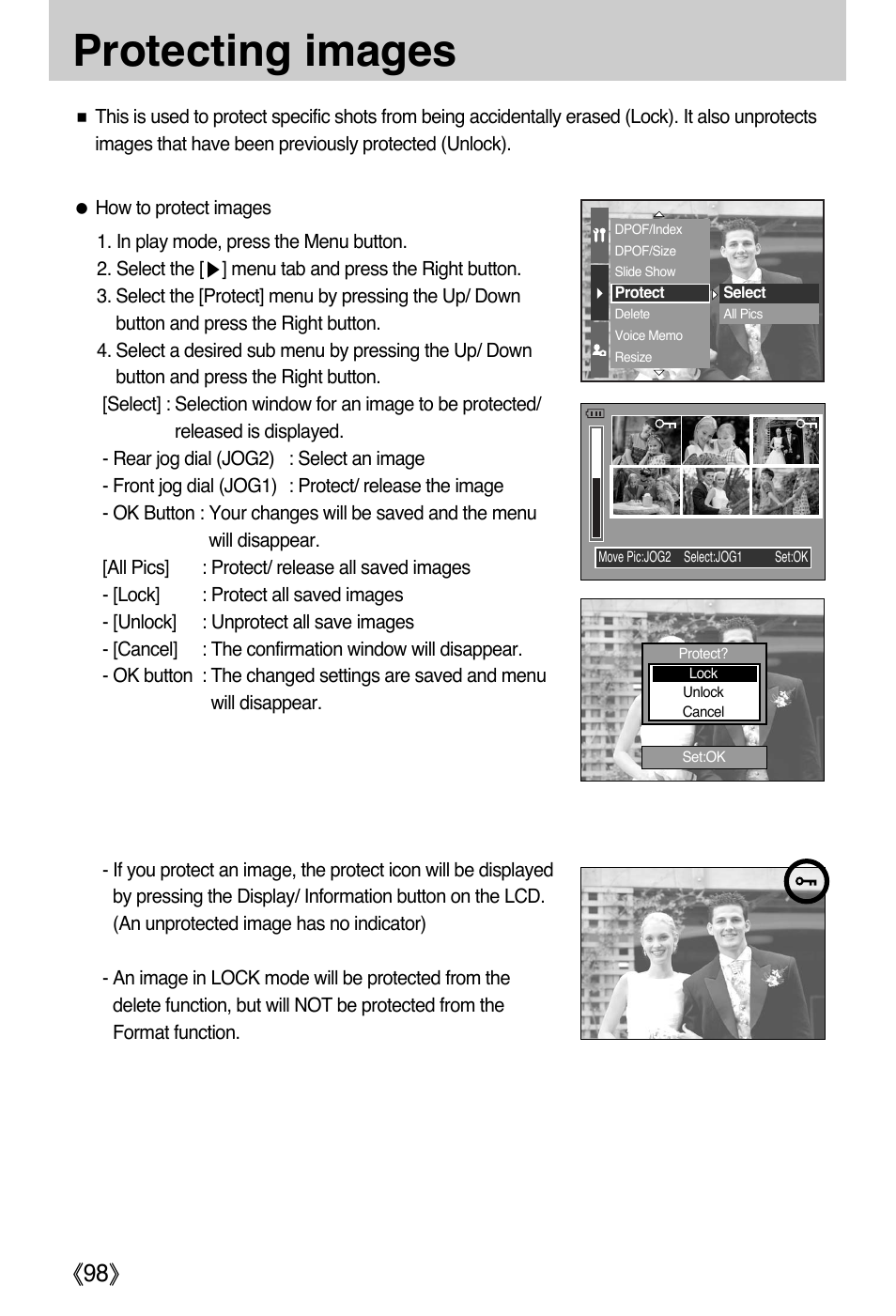 Protecting images, Ŝ98ş | Samsung EC-PR815BBA-US User Manual | Page 98 / 164