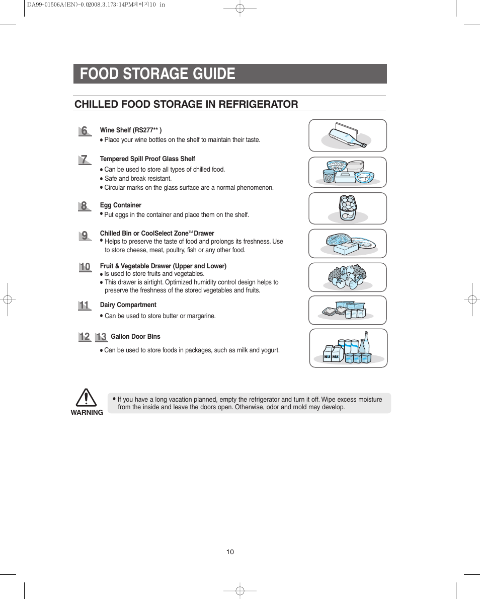 Food storage guide, Chilled food storage in refrigerator | Samsung RS275ACBP-XAA User Manual | Page 10 / 32