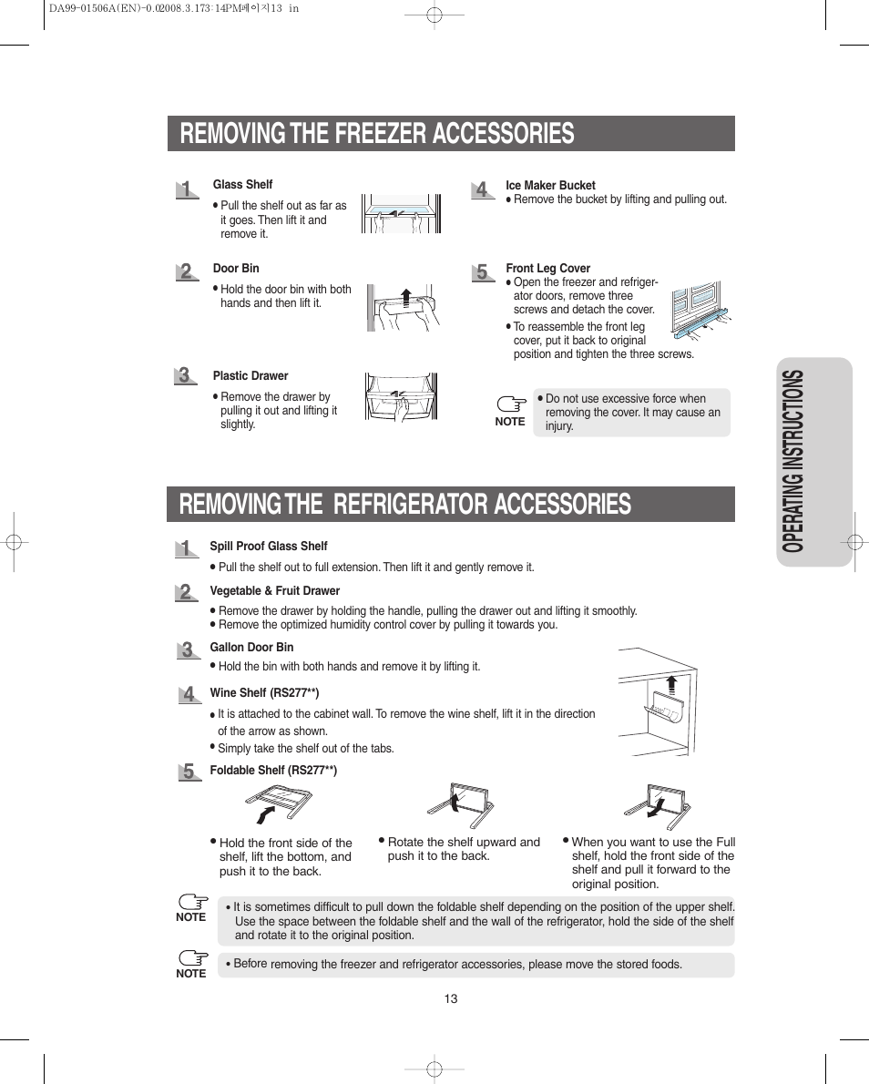 Removing the freezer accessories, Removing the refrigerator accessories, Opera ting instr uctions | Samsung RS275ACBP-XAA User Manual | Page 13 / 32