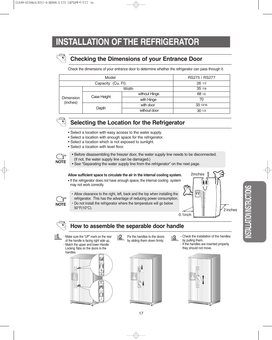Installation of the refrigerator, Inst alla tion instr uctions | Samsung RS275ACBP-XAA User Manual | Page 17 / 32