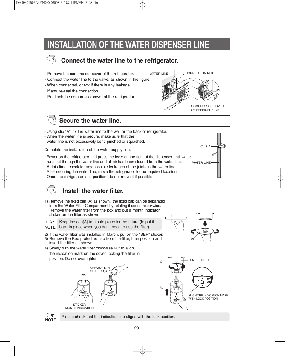 Installation of the water dispenser line, Install the water filter | Samsung RS275ACBP-XAA User Manual | Page 28 / 32