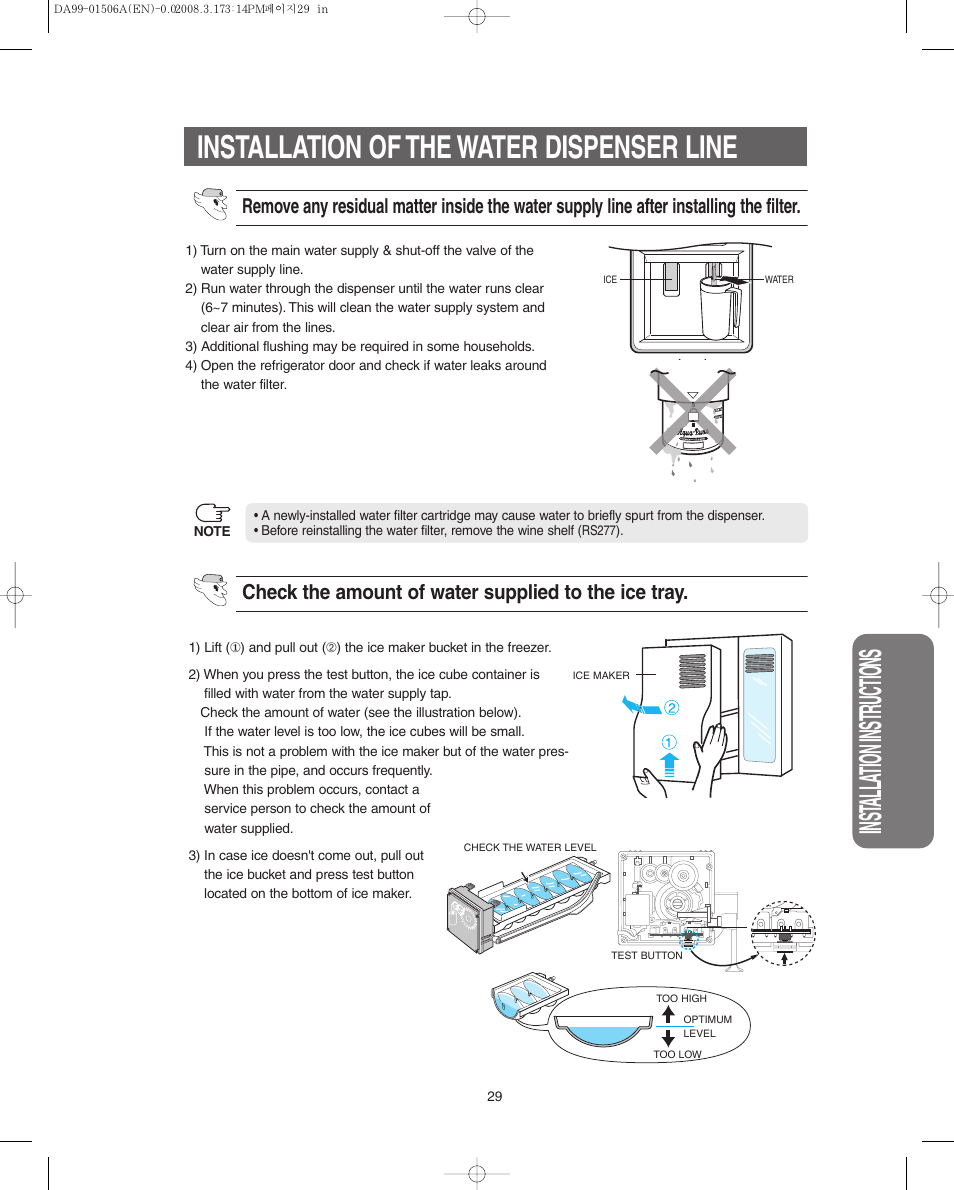 Installation of the water dispenser line, Inst alla tion instr uctions | Samsung RS275ACBP-XAA User Manual | Page 29 / 32