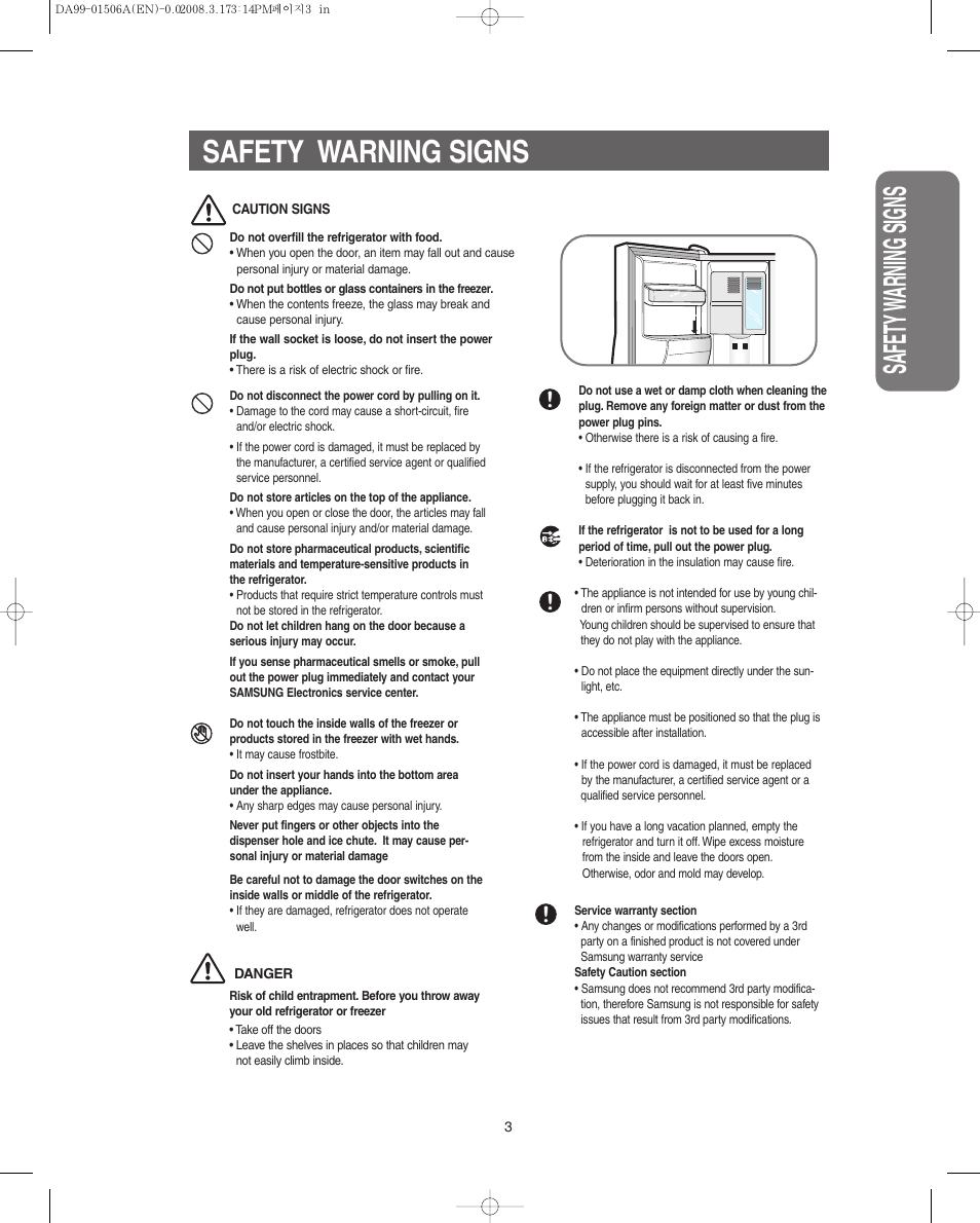 Safety w arning signs safety warning signs | Samsung RS275ACBP-XAA User Manual | Page 3 / 32