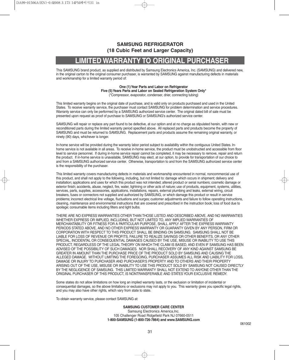 Limited warranty to original purchaser | Samsung RS275ACBP-XAA User Manual | Page 31 / 32