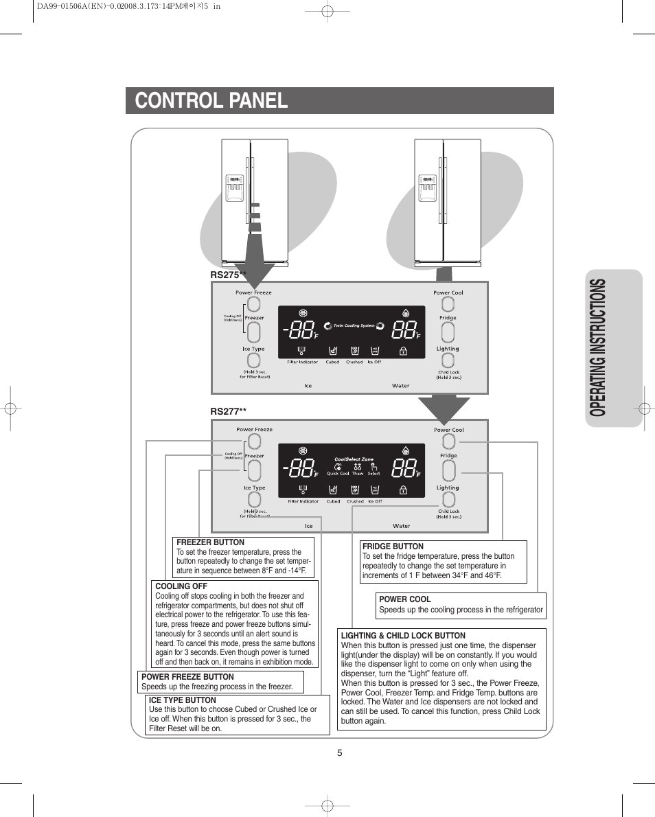 Control panel, Opera ting instr uctions | Samsung RS275ACBP-XAA User Manual | Page 5 / 32