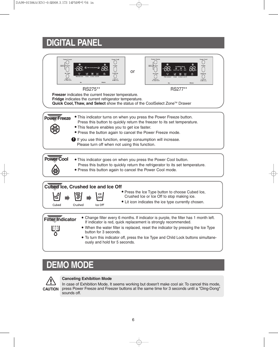 Digital panel, Demo mode, Digital panel demo mode | Samsung RS275ACBP-XAA User Manual | Page 6 / 32