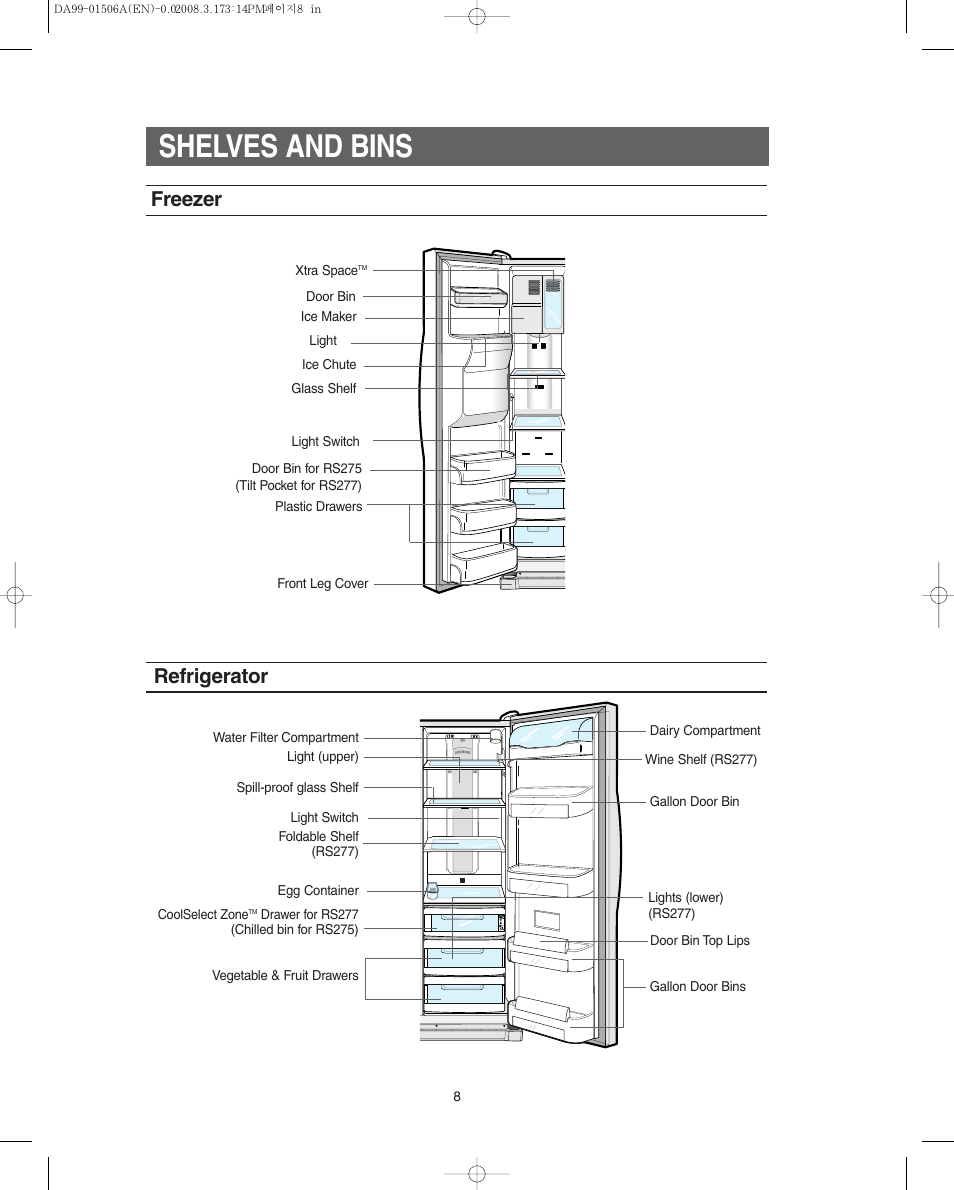 Shelves and bins, Freezer, Refrigerator | Samsung RS275ACBP-XAA User Manual | Page 8 / 32