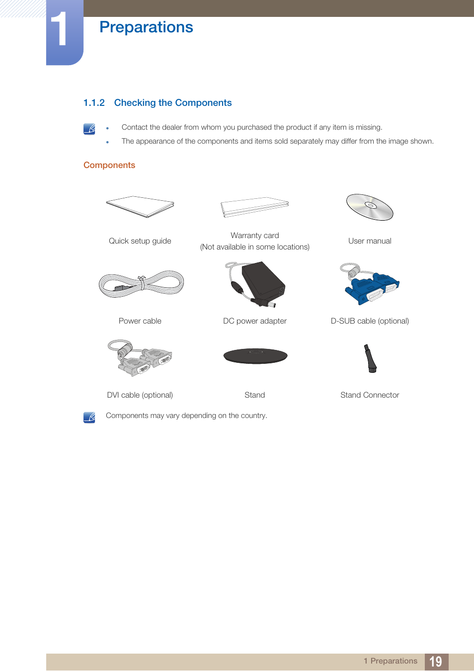 2 checking the components, Checking the components, Preparations | Samsung LS24B150BL-ZA User Manual | Page 19 / 85