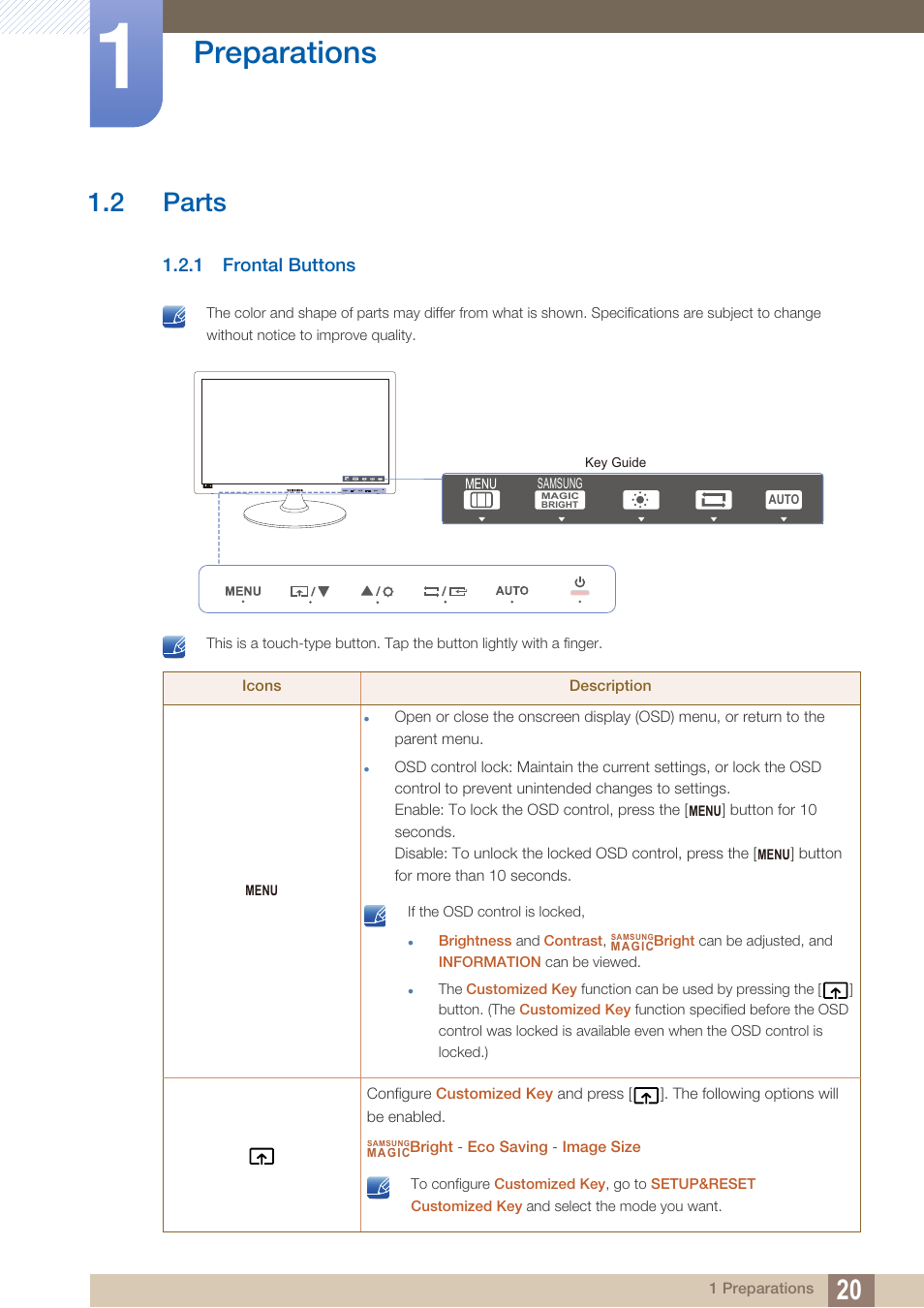 2 parts, 1 frontal buttons, Parts | Frontal buttons, Preparations | Samsung LS24B150BL-ZA User Manual | Page 20 / 85