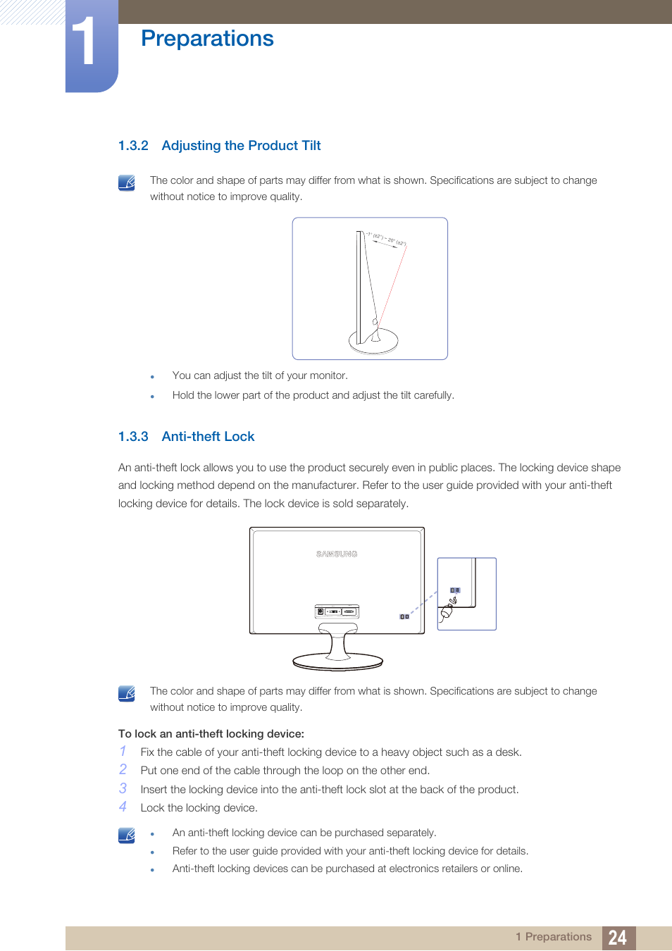 2 adjusting the product tilt, 3 anti-theft lock, Adjusting the product tilt | Anti-theft lock, Preparations | Samsung LS24B150BL-ZA User Manual | Page 24 / 85