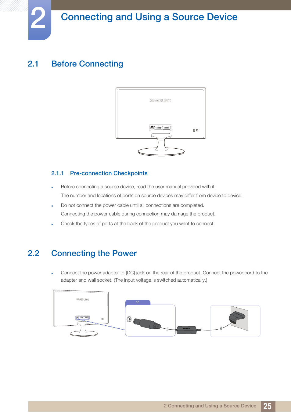 Connecting and using a source device, 1 before connecting, 1 pre-connection checkpoints | 2 connecting the power, Connecting and using, A source device, Before connecting, Pre-connection checkpoints, Connecting the power | Samsung LS24B150BL-ZA User Manual | Page 25 / 85