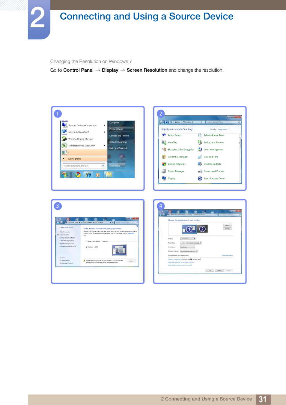 Connecting and using a source device | Samsung LS24B150BL-ZA User Manual | Page 31 / 85