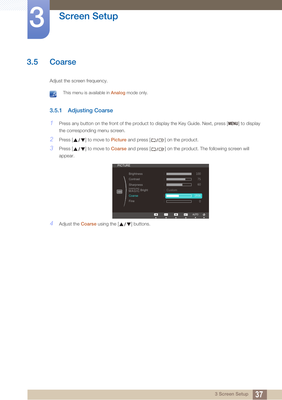 5 coarse, 1 adjusting coarse, Coarse | Adjusting coarse, Screen setup | Samsung LS24B150BL-ZA User Manual | Page 37 / 85