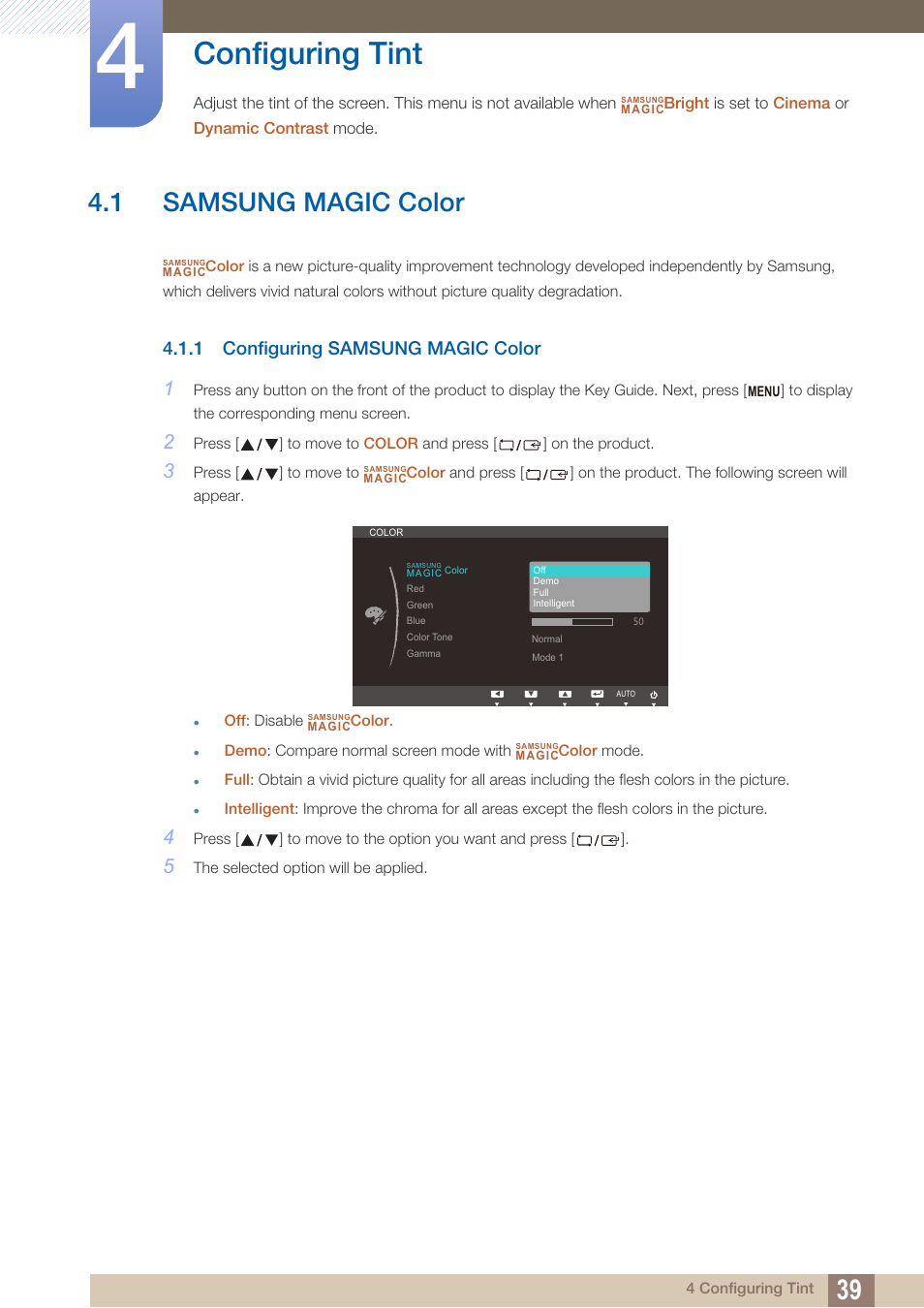 Configuring tint, 1 samsung magic color, 1 configuring samsung magic color | Samsung magic color, Configuring samsung magic color | Samsung LS24B150BL-ZA User Manual | Page 39 / 85