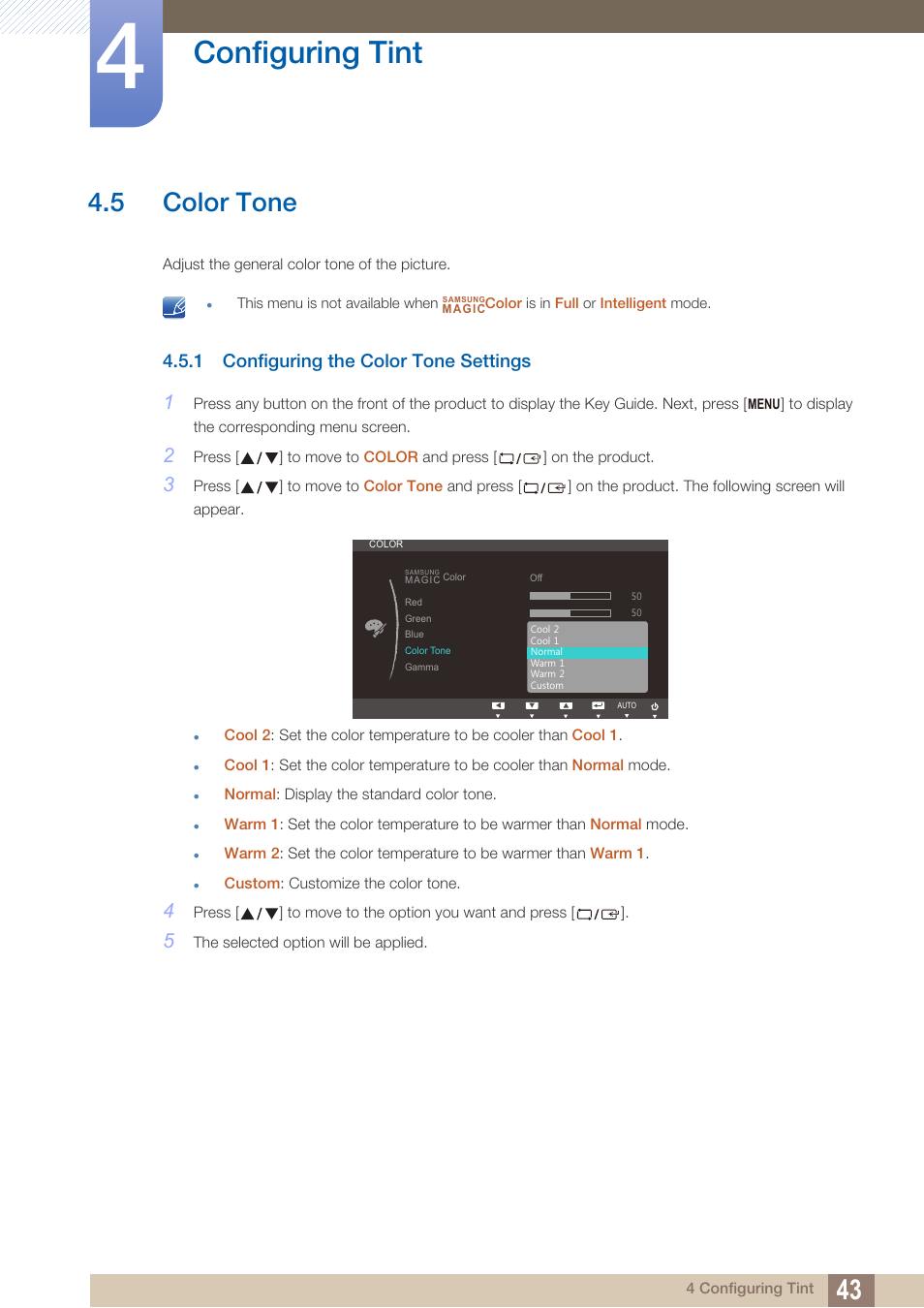 5 color tone, 1 configuring the color tone settings, Color tone | Configuring the color tone settings, Configuring tint | Samsung LS24B150BL-ZA User Manual | Page 43 / 85