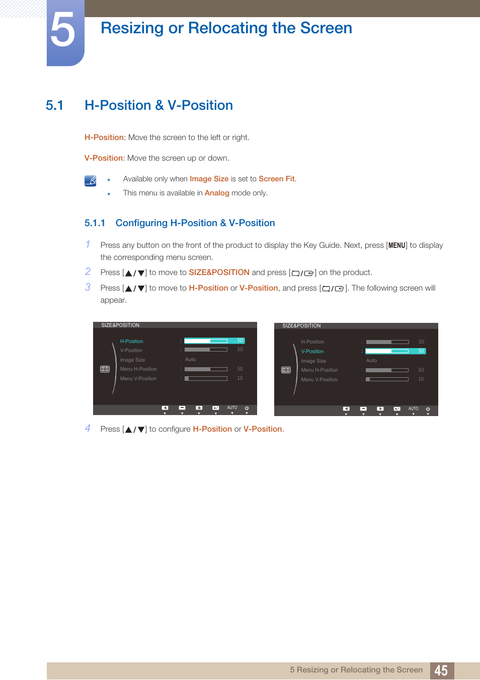 Resizing or relocating the screen, 1 h-position & v-position, 1 configuring h-position & v-position | Resizing or, Relocating the, Screen, H-position & v-position, Configuring h-position & v-position | Samsung LS24B150BL-ZA User Manual | Page 45 / 85