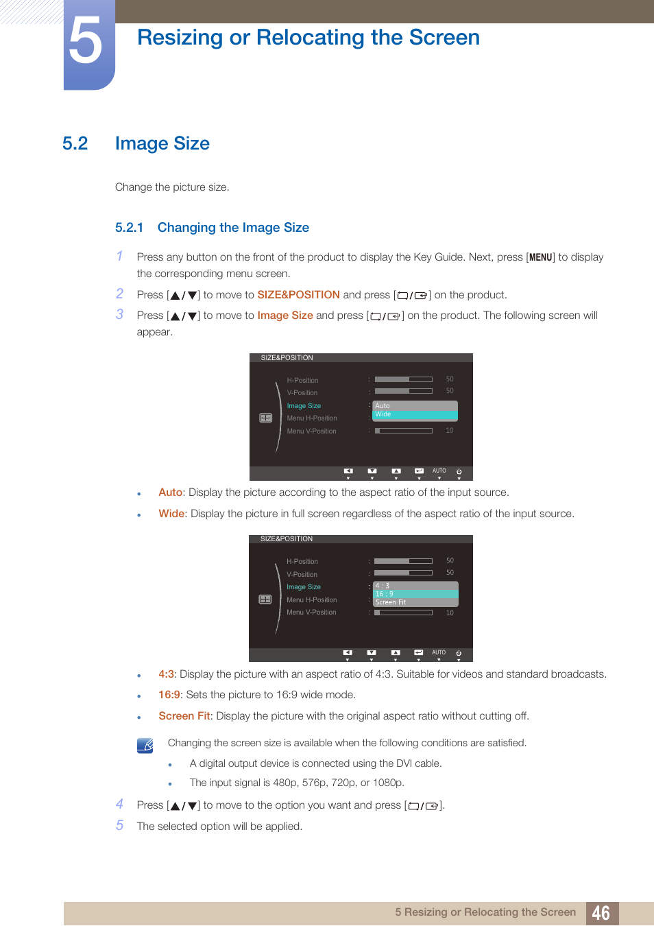 2 image size, 1 changing the image size, Image size | Changing the image size, Resizing or relocating the screen | Samsung LS24B150BL-ZA User Manual | Page 46 / 85