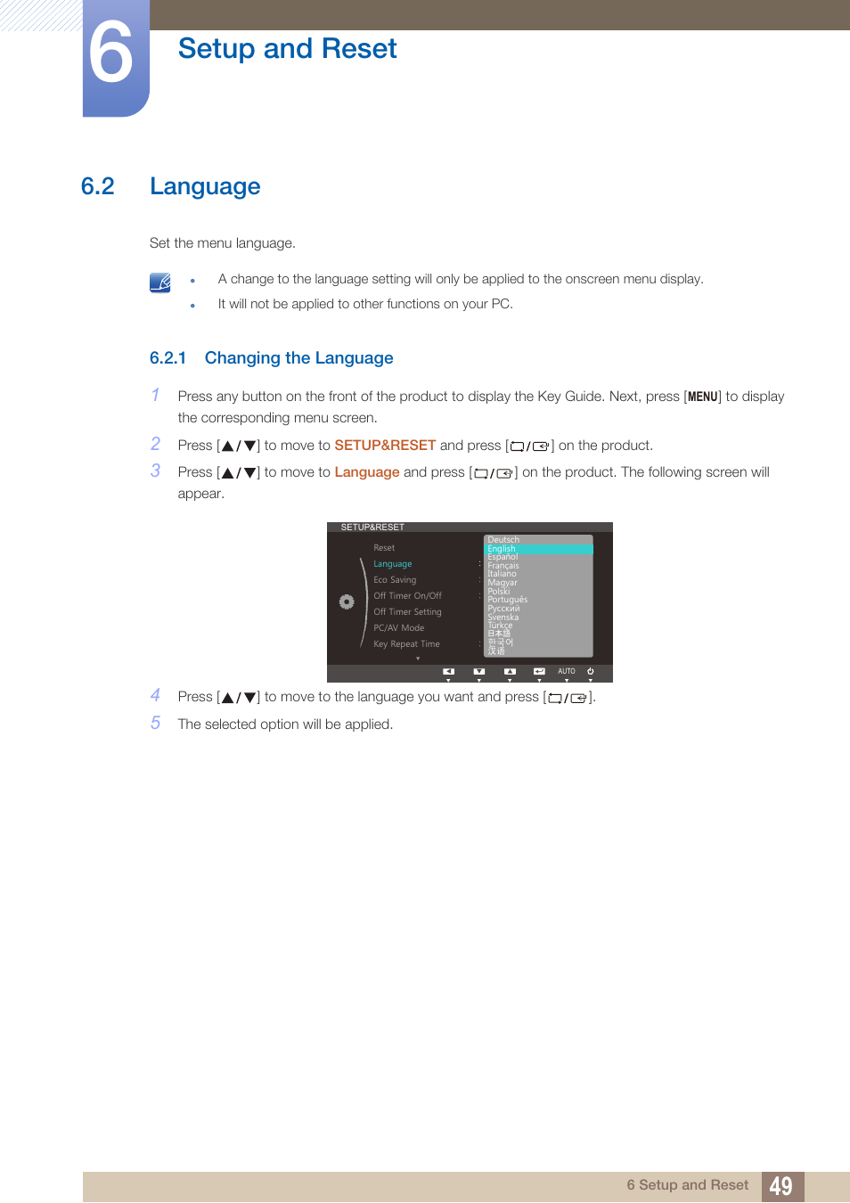 2 language, 1 changing the language, Language | Changing the language, Setup and reset | Samsung LS24B150BL-ZA User Manual | Page 49 / 85