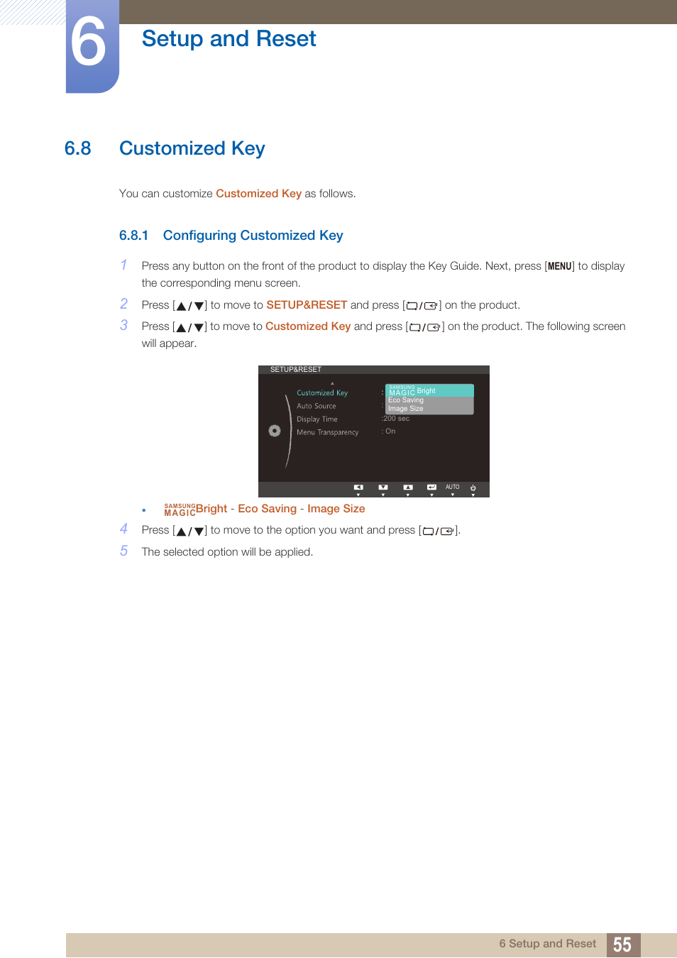 8 customized key, 1 configuring customized key, Customized key | Configuring customized key, Setup and reset | Samsung LS24B150BL-ZA User Manual | Page 55 / 85