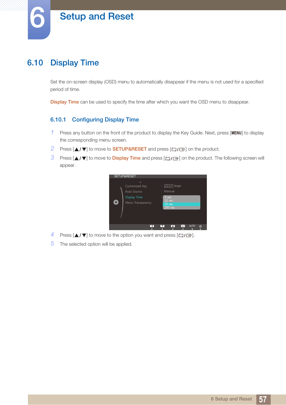 10 display time, 1 configuring display time, Display time | Configuring display time, Setup and reset | Samsung LS24B150BL-ZA User Manual | Page 57 / 85