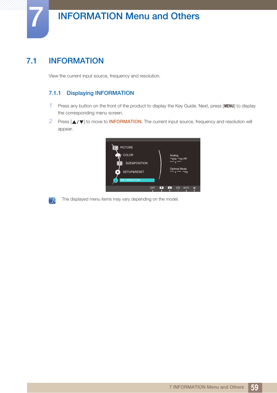 Information menu and others, 1 information, 1 displaying information | Information menu and, Others, Information, Displaying information | Samsung LS24B150BL-ZA User Manual | Page 59 / 85