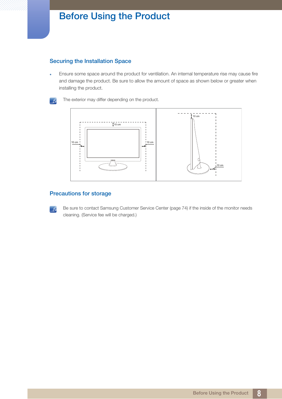 Securing the installation space, Precautions for storage, Before using the product | Samsung LS24B150BL-ZA User Manual | Page 8 / 85