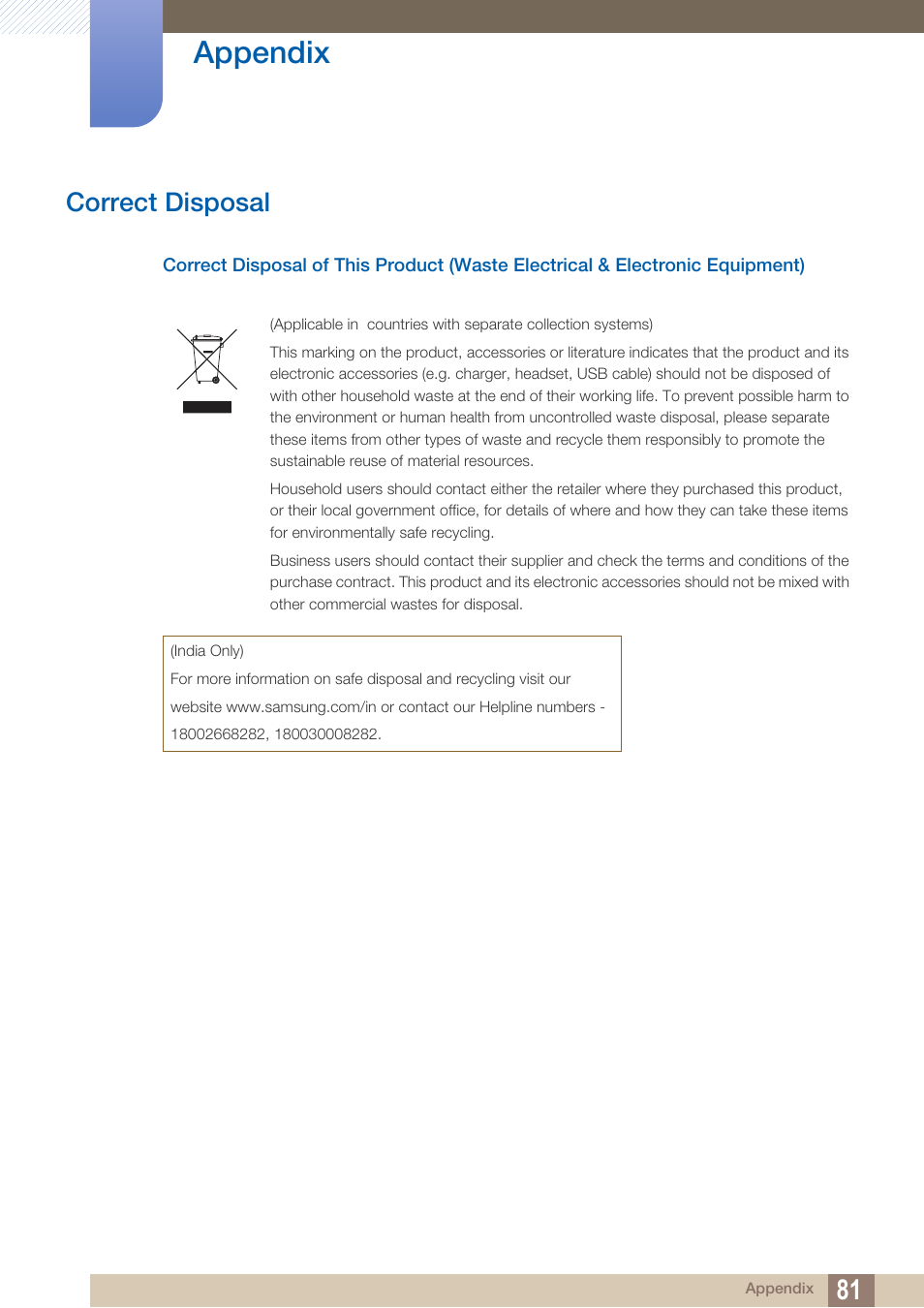 Correct disposal, Appendix | Samsung LS24B150BL-ZA User Manual | Page 81 / 85
