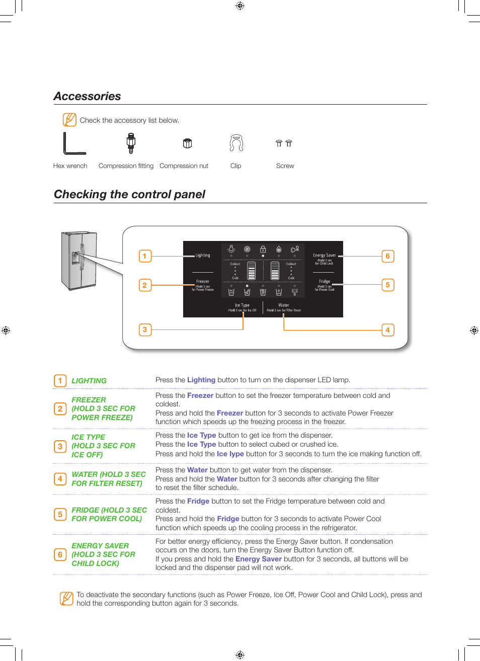 Accessories checking the control panel | Samsung RS261MDRS-XAA User Manual | Page 7 / 10