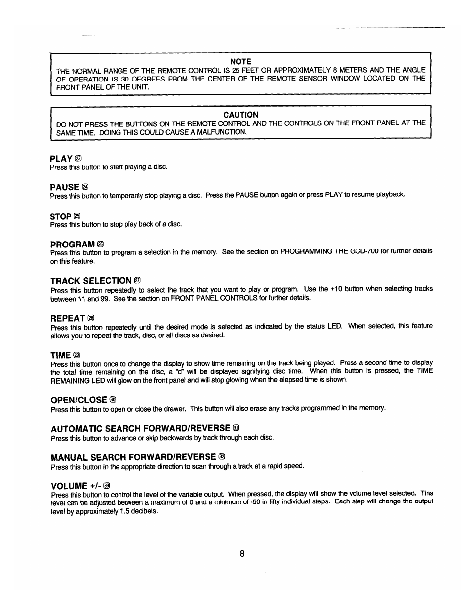 Play, Pause m, Program m | Track selection dz), Repeat, Time, Open/close, Automatic search forward/reverse dd, Manual search forward/reverse dh, Volume +/- dl | Adcom GCD-700 User Manual | Page 10 / 16