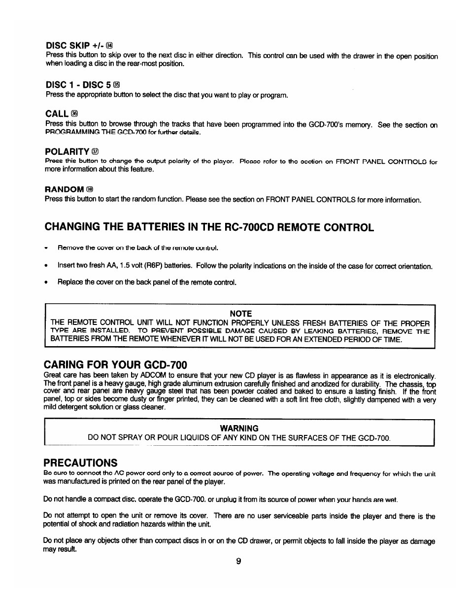 Disc skip +/- m, Disc 1 • disc 5 m, Call | Polarity dz), Random, Caring for your gcd-700, Precautions, Disc skip, Disc 1 • disc 5 | Adcom GCD-700 User Manual | Page 11 / 16