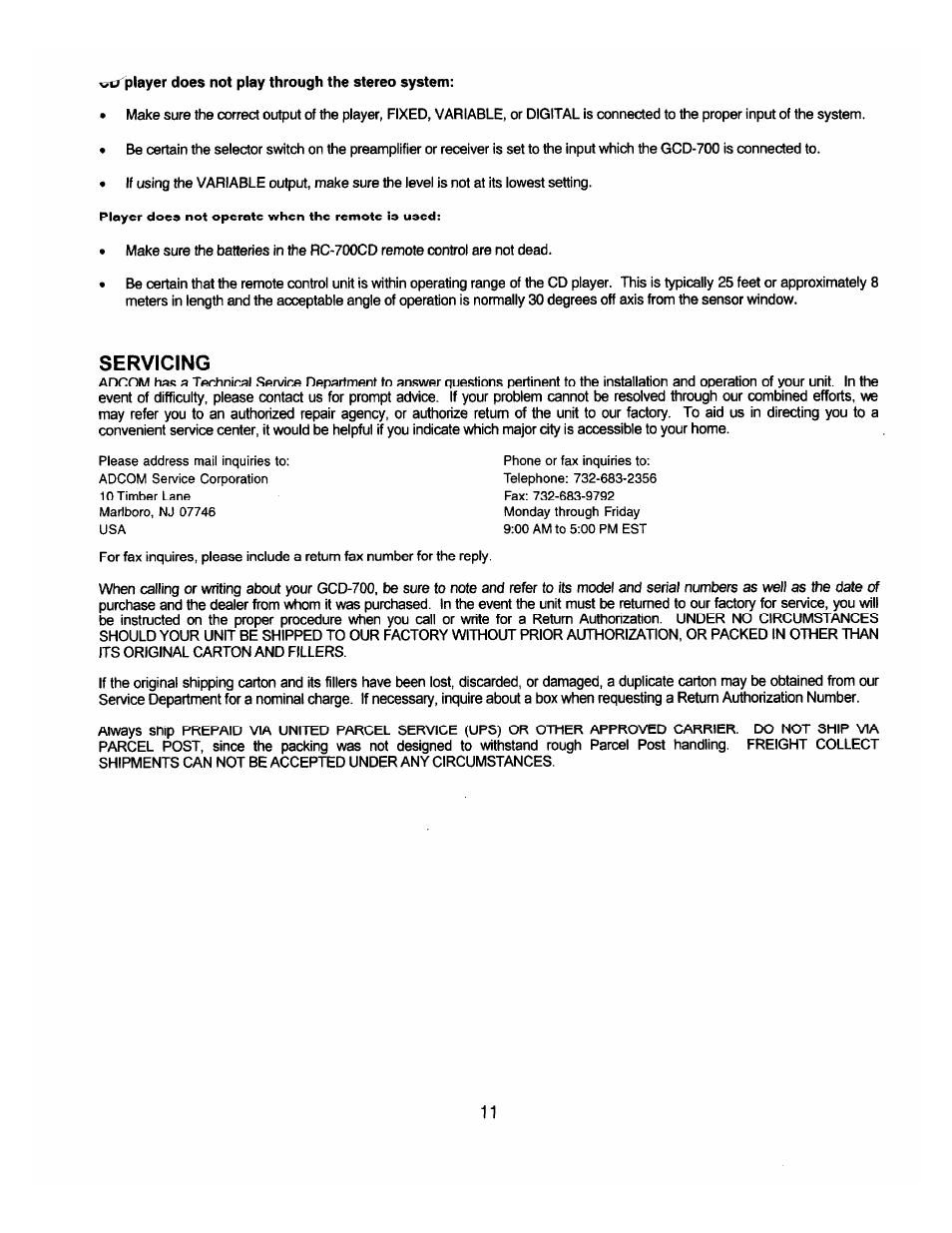 Servicing | Adcom GCD-700 User Manual | Page 13 / 16