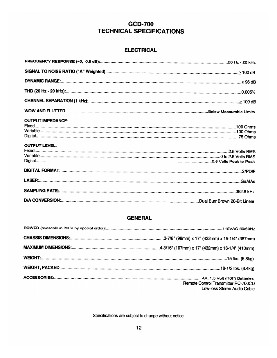 Gcd-700, Technical specifications, Electrical | General, Gcd-700 technical specifications | Adcom GCD-700 User Manual | Page 15 / 16
