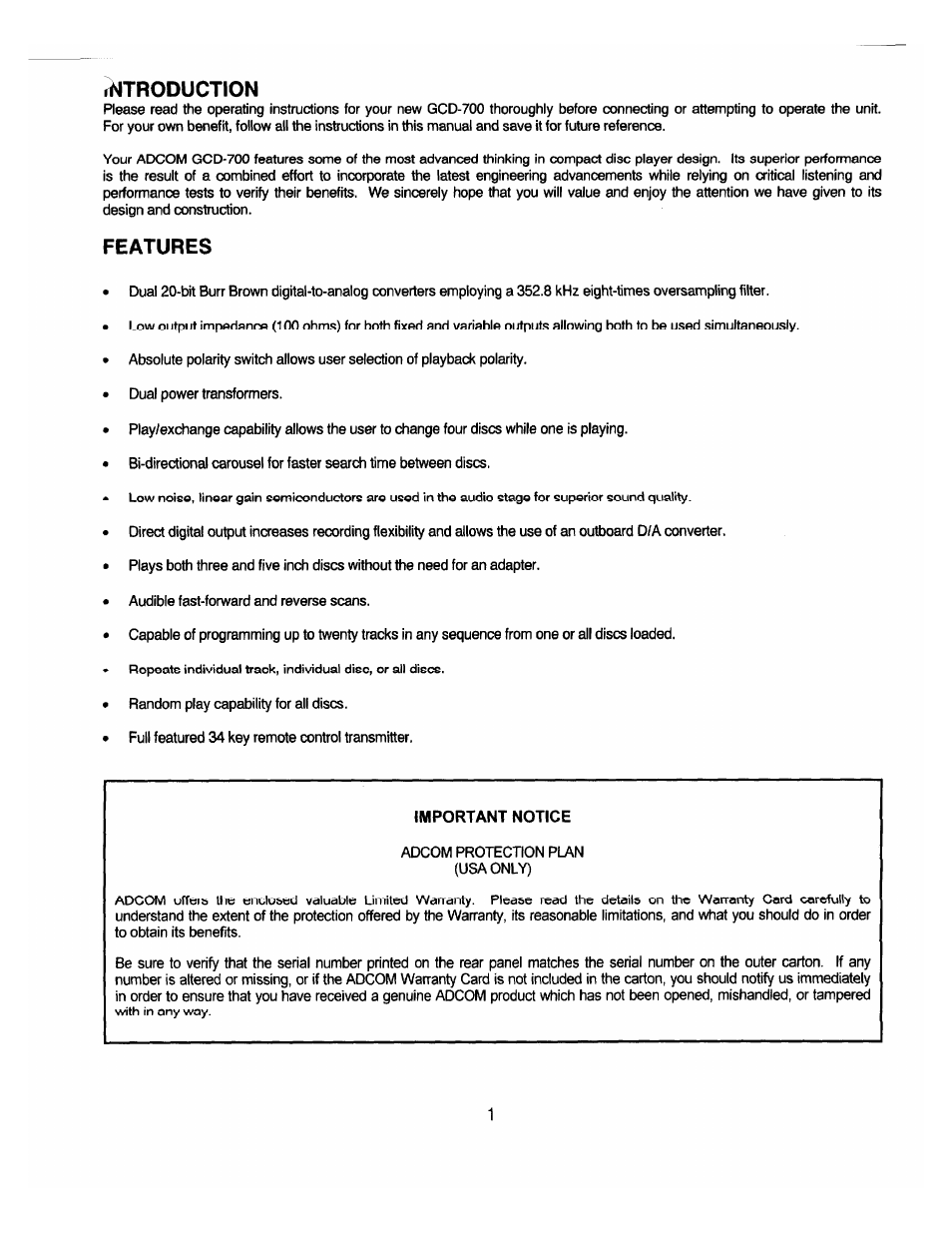 Introduction, Features, Important notice | Adcom GCD-700 User Manual | Page 3 / 16