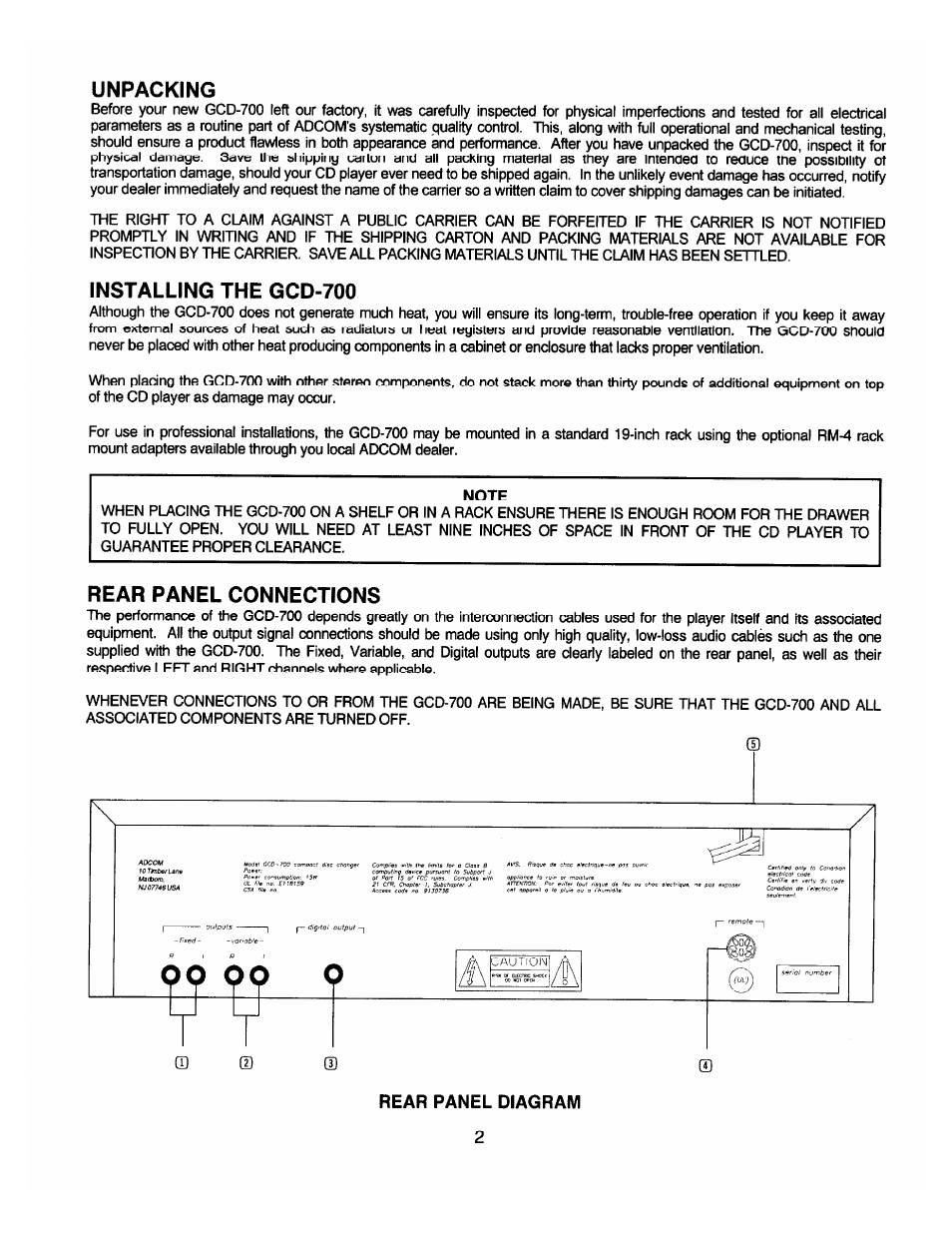 Unpacking, Installing the gcd-700, Rear panel connections | Rear panel diagram | Adcom GCD-700 User Manual | Page 4 / 16