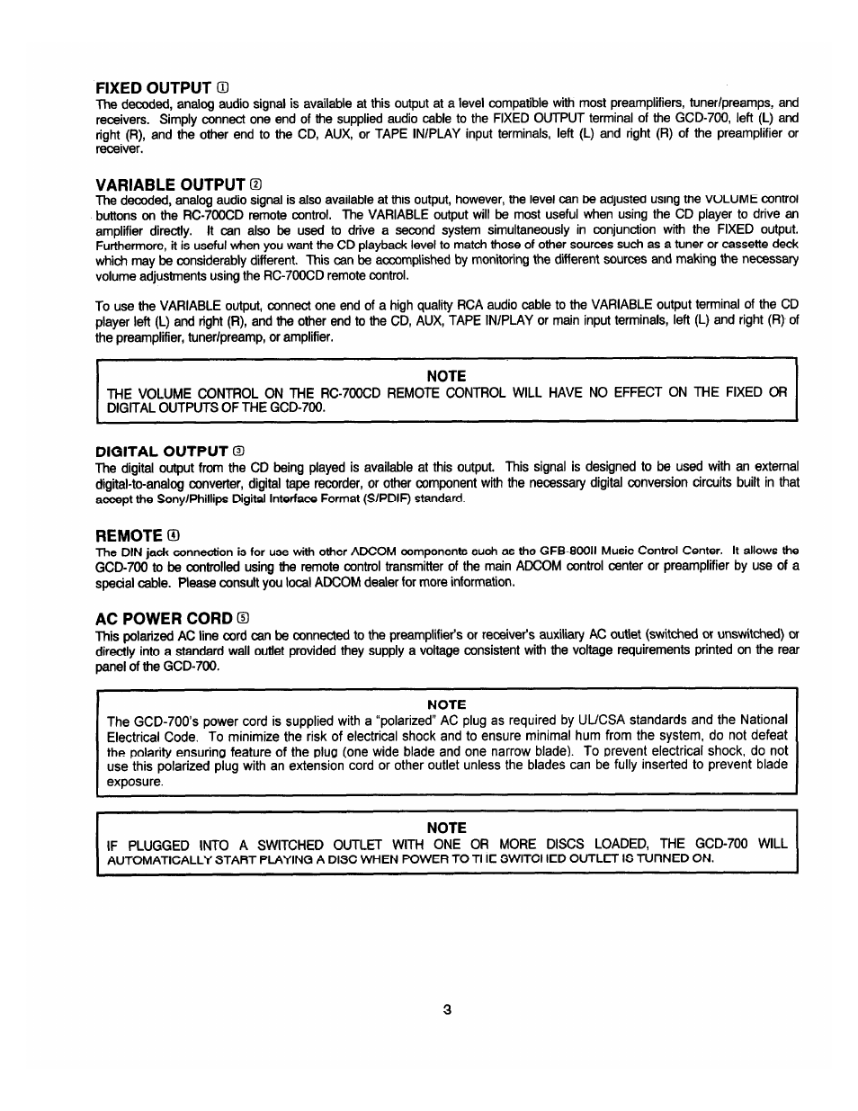 Fixed output, Variable output, Digital output | Remote, Ac power cord | Adcom GCD-700 User Manual | Page 5 / 16
