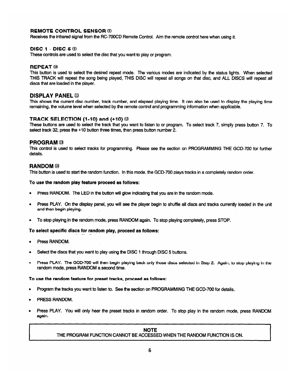 Remote control sensor s), Disc 1 - disc-5 (d, Repeat m | Display panel, Track selection (1-10) and (+10) m, Program m, Random | Adcom GCD-700 User Manual | Page 7 / 16