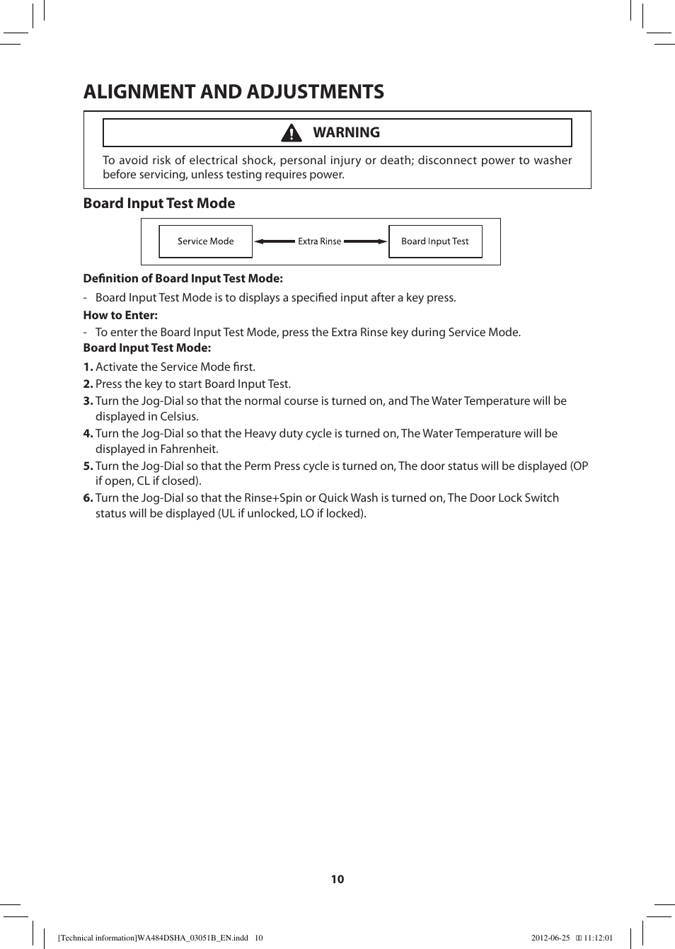 Alignment and adjustments, Board input test mode, Warning | Samsung WA476DSHAWR-A1 User Manual | Page 10 / 60