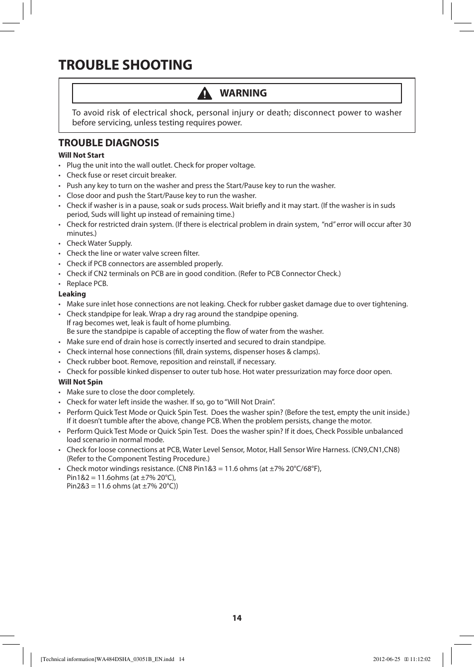 Trouble shooting, Trouble diagnosis, Warning | Samsung WA476DSHAWR-A1 User Manual | Page 14 / 60