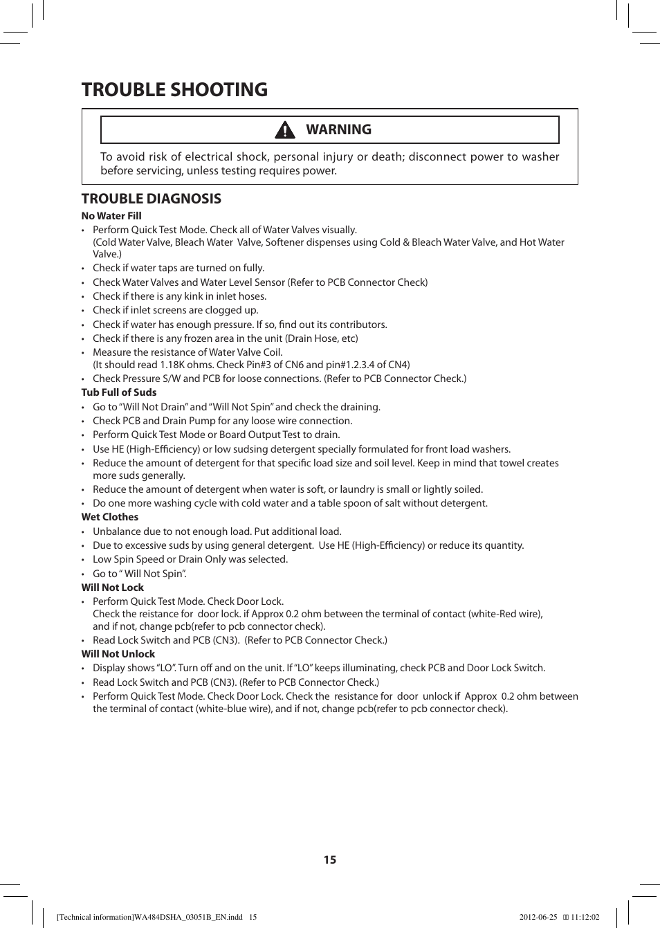 Trouble shooting, Trouble diagnosis, Warning | Samsung WA476DSHAWR-A1 User Manual | Page 15 / 60