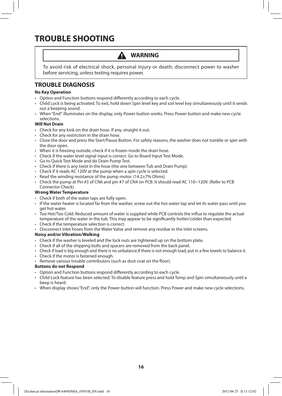 Trouble shooting, Trouble diagnosis, Warning | Samsung WA476DSHAWR-A1 User Manual | Page 16 / 60
