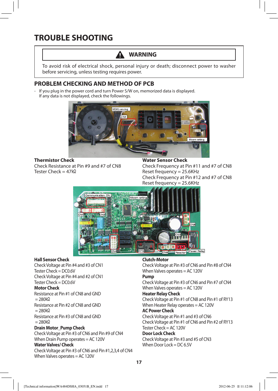 Trouble shooting, Problem checking and method of pcb, Warning | Samsung WA476DSHAWR-A1 User Manual | Page 17 / 60