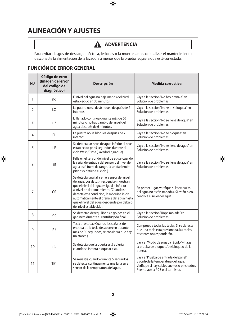 Alineación y ajustes, Función de error general, Advertencia | Samsung WA476DSHAWR-A1 User Manual | Page 22 / 60