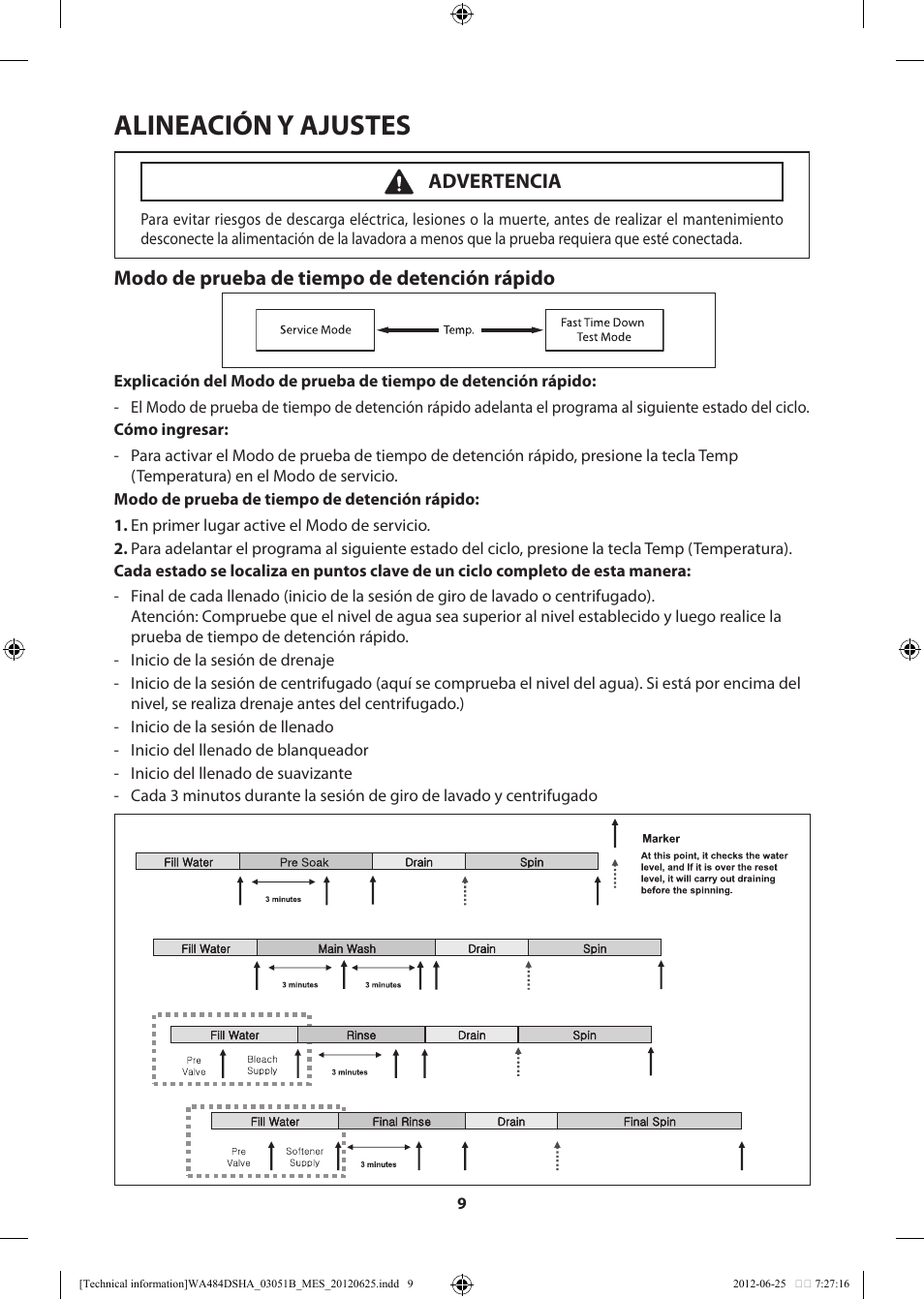 Alineación y ajustes, Modo de prueba de tiempo de detención rápido, Advertencia | Samsung WA476DSHAWR-A1 User Manual | Page 29 / 60