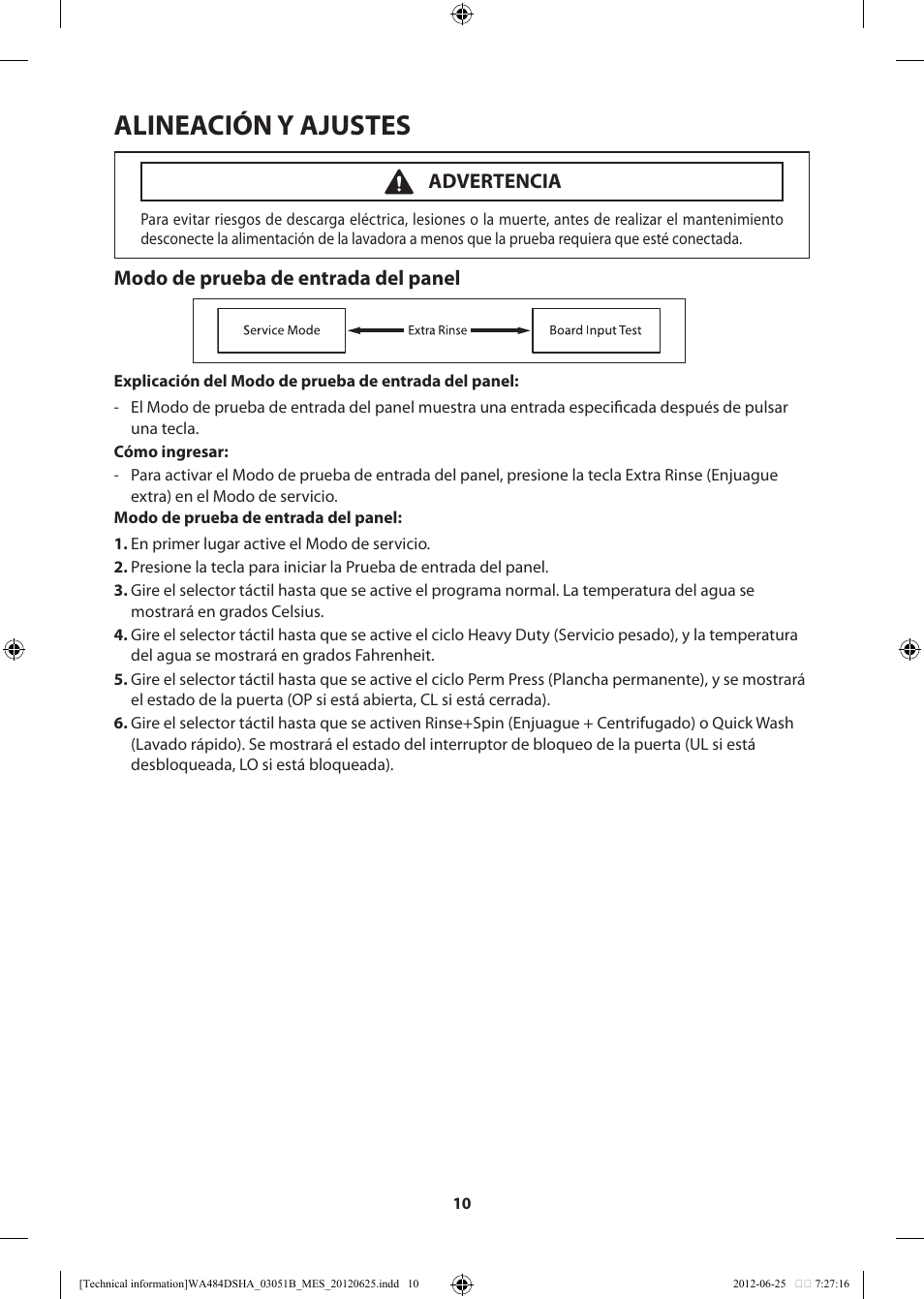 Alineación y ajustes, Modo de prueba de entrada del panel, Advertencia | Samsung WA476DSHAWR-A1 User Manual | Page 30 / 60